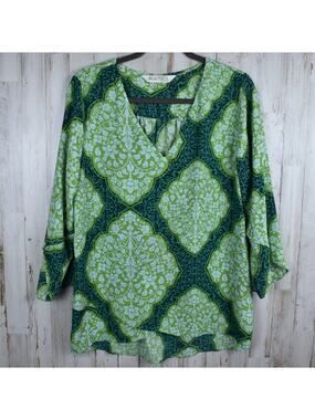 Lawrence Zarian Top Women's Medium Paradise Green Print Drapey Blouse Boho M